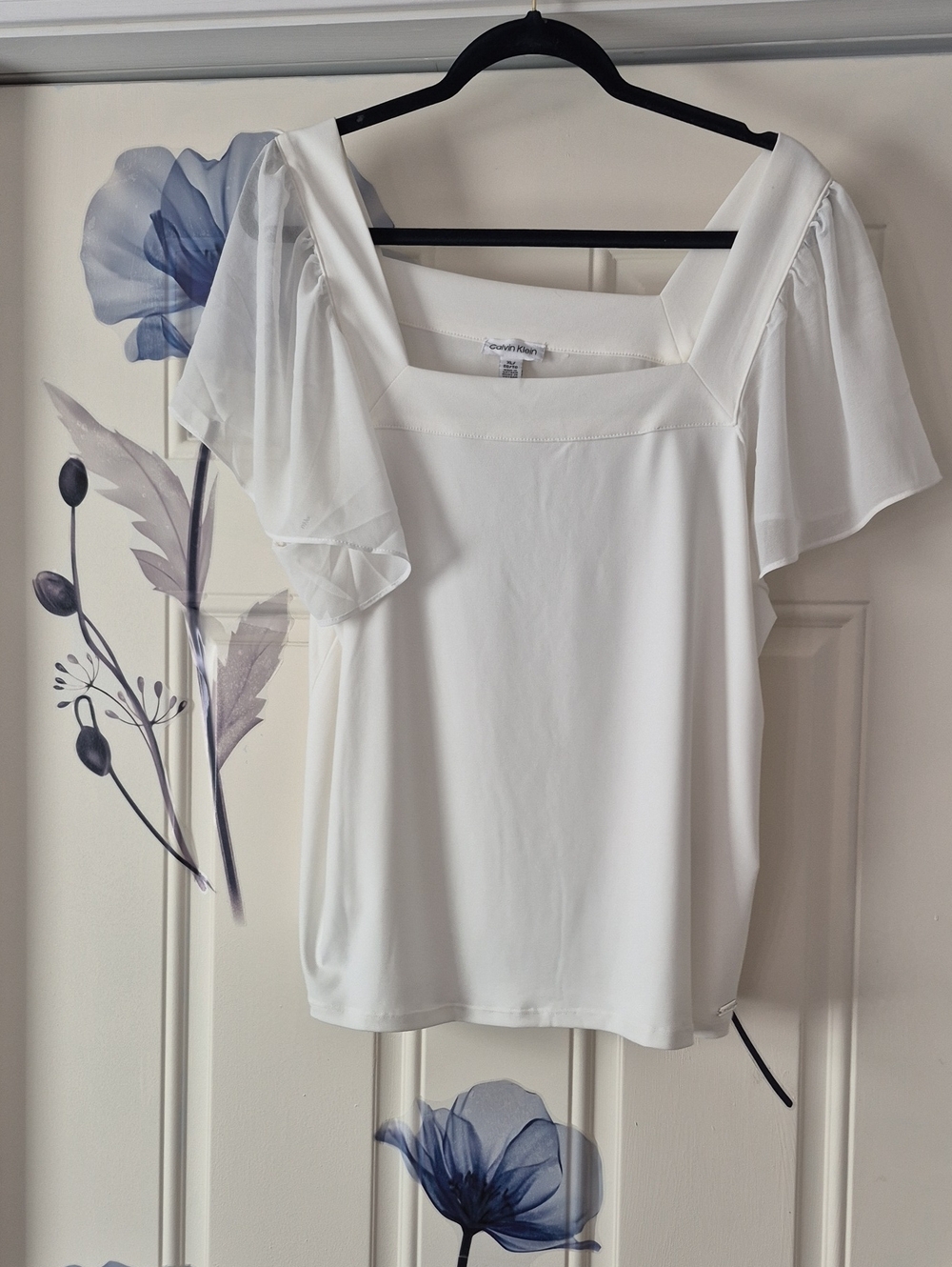 Calvin Klein White Square Neck Flutter Sleeve Top